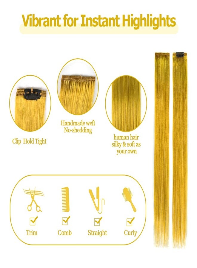 Winsky Colored Hair Extensions Real Human Hair - Clip in Party Highlights Halloween Hair Piece 5 Pieces/Set (18inch,Yellow) - Image 3